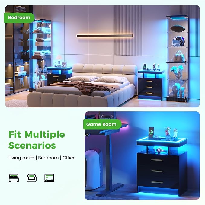 HNEBC Night Stand Set 2 with LED Lights, High Gloss Nightstand with 3 Drawers - Image 7