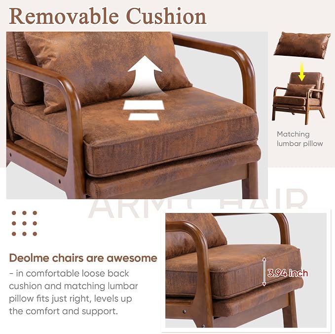 Mid Century Modern Brown Accent Chair Living Room- Comfy Solid Wood Arm Chair - Image 5