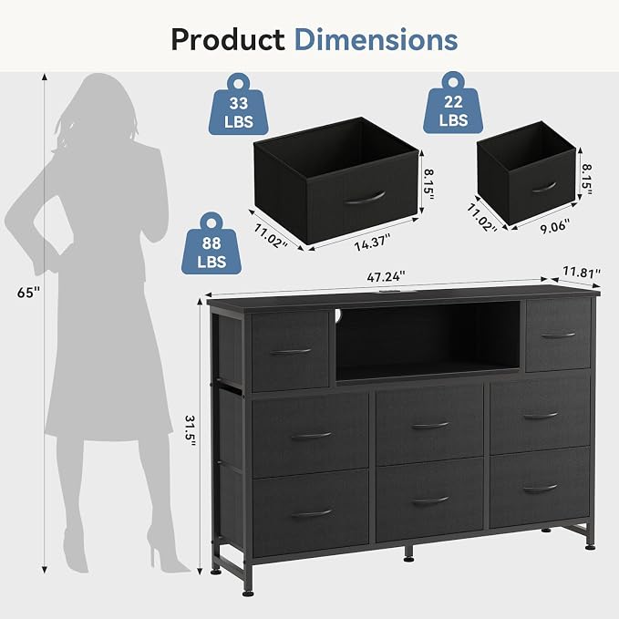 DUMOS TV Stand Dresser with 8 Fabric Drawers and Open Shelves, LED - Image 3