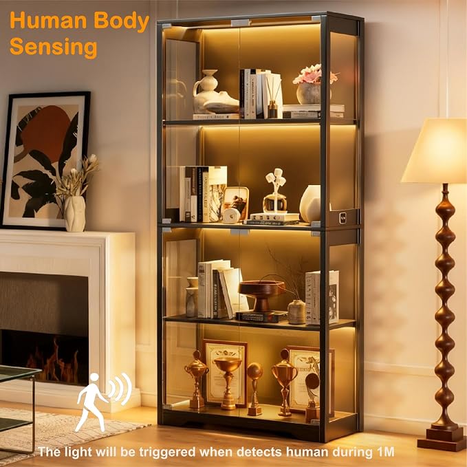 Display Cabinet with Glass Doors, Curio Cabinet with 3 LED Lights and Human - Image 6