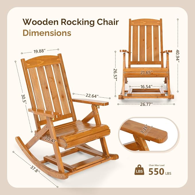 VINGLI Wooden Porch Rocking Chair, Heavy Duty Outdoor Rocking Chair - Image 6