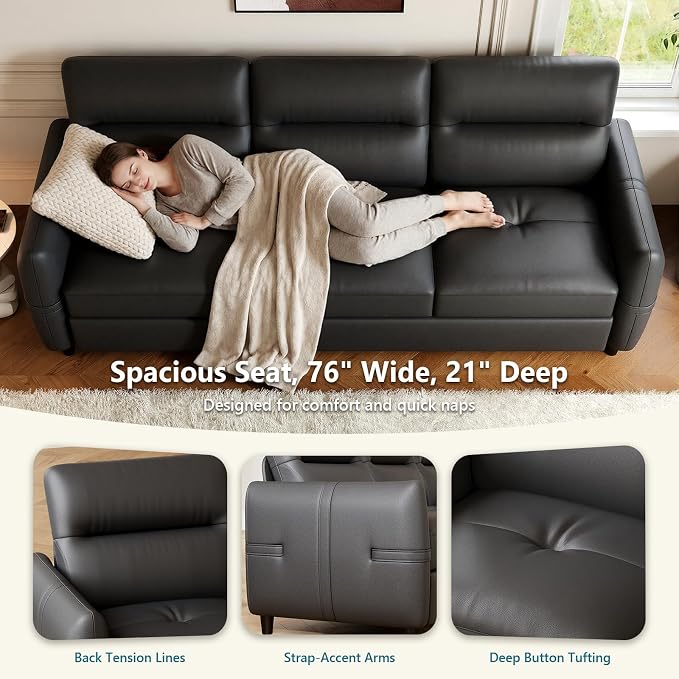 STHOUYN 85” Black Faux Leather Couch - Image 5