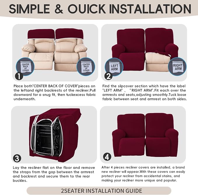 Recliner Loveseat Covers, 4-Piece Stretch Geometric Strokes Jacquard Reclining - Image 8