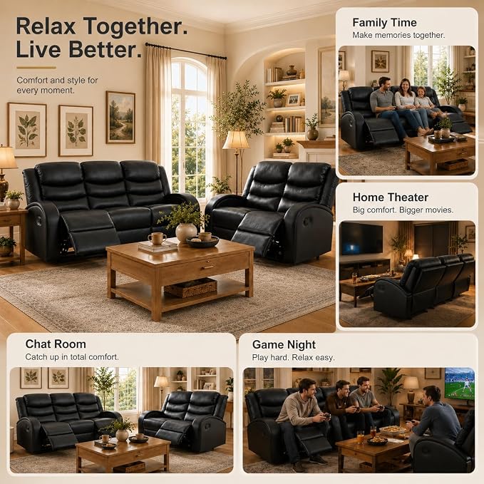 Recliner Sofa Set, 2 Piece Living Room Furniture Set, Leather Recliner Sofa - Image 6