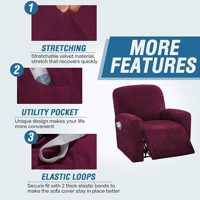 H.VERSAILTEX Velvet Stretch Recliner Couch Covers 4-Pieces Style Recliner Chair - Image 4