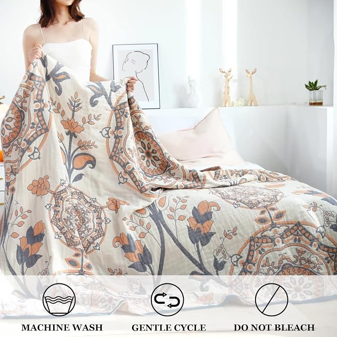 LUTBM Boho Throw Blanket for Bed 100% Cotton Ultra Soft Rustic Quilt Floral - Image 4