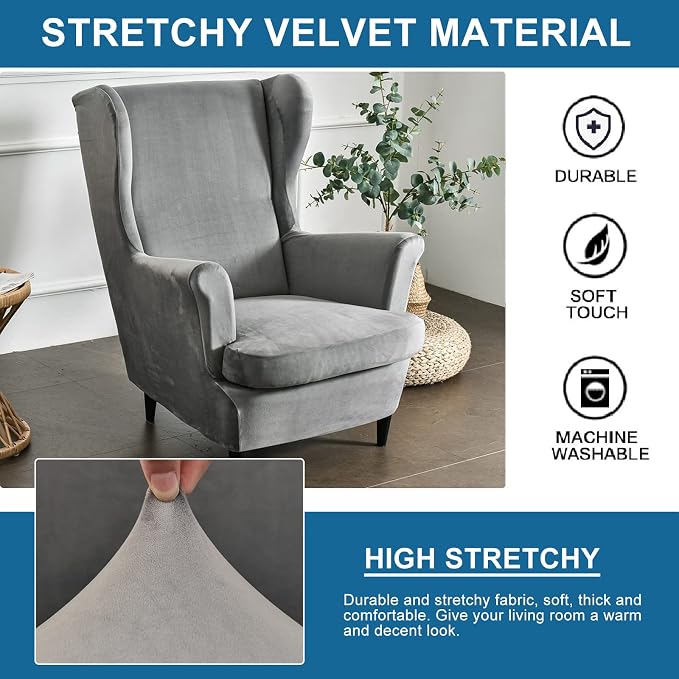 KRFOONN Wingback Chair Cover Slipcovers 2 Piece Stretch Velvet Plush Wing Chair - Image 3