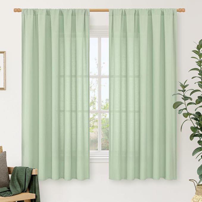 LAMIT Light Green Linen Window Curtains 63 Inch Length, Light Filtering Neutral by LAMIT