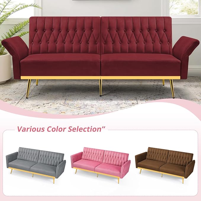 70” Velvet Futon Sofa Bed with 2 Pillows and Adjustable Armrests, Convertible - Image 7
