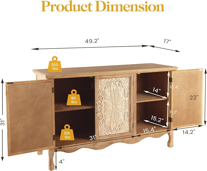 RoyalCraft Buffet Cabinet with Storage, Vintage Solid Wood Sideboard with 3 - Image 2