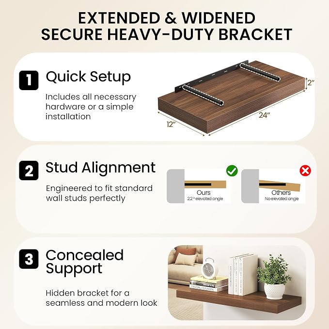 Fun Memories 12 Inch Deep Walnut Floating Shelf, 24 x 12 Rustic Wood Wall Shelf - Image 6