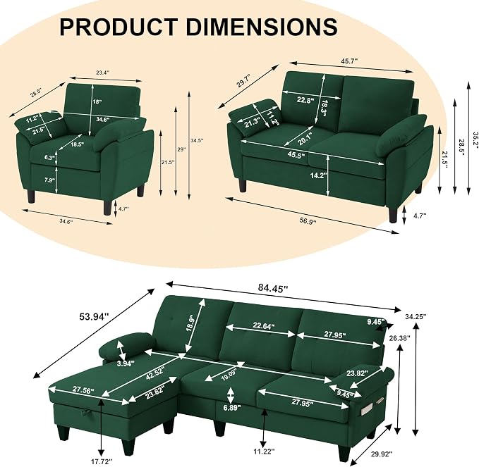 84" Convertible Sectional Sofa Set, 3 Seat L Shaped Couch - Image 2