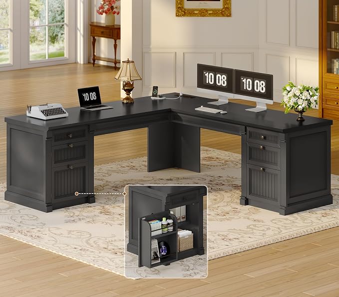 SEDETA L Shaped Desk with 4 Drawers, Corner Computer Desk with Power Strip by SEDETA