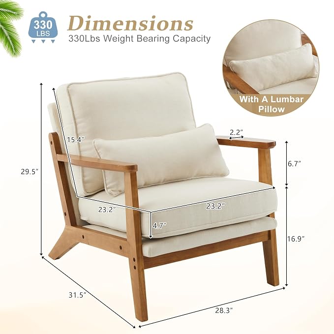 VINGLI Solid Wood Wide Armrests Accent Chair, Upholstered Mid Century Modern - Image 2