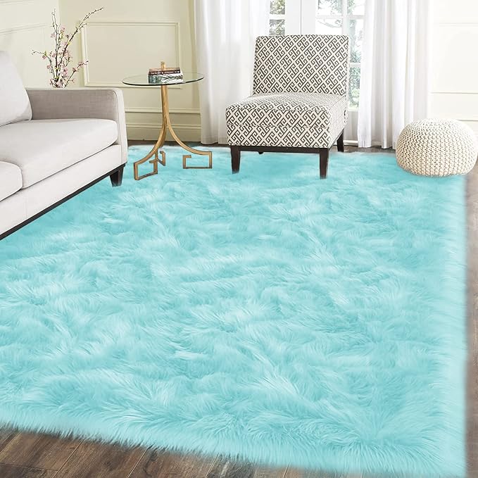 Latepis Big Rugs for Bedroom Teal 6.7x10 Area Rug Light Blue Faux Sheepskin Fur - Image 2