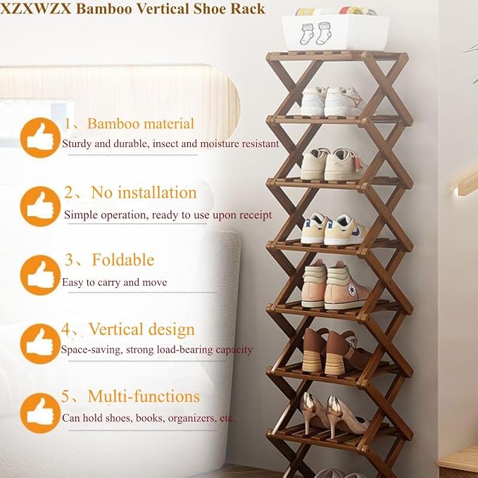 Foldable Shoe Rack, Bamboo Vertical Shoe Organizer Tall - Image 4