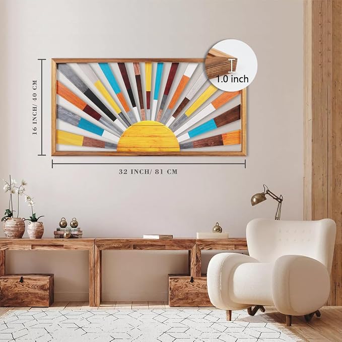 IARTTOP Large Boho Sun Wall Art Framed Wooden Art Wall Decor Rainbow Sun Rising - Image 2