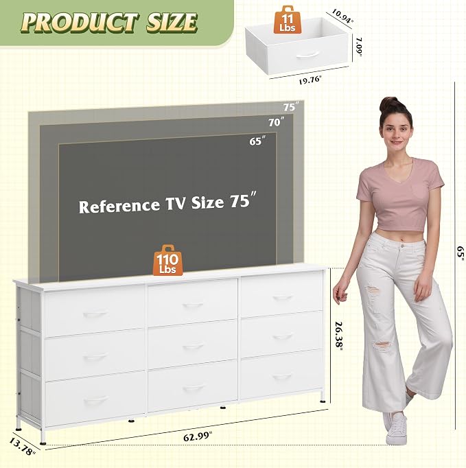 WLIVE 63''W Dresser for Bedroom, 75 inch TV, Wide Chest of Drawers - Image 3