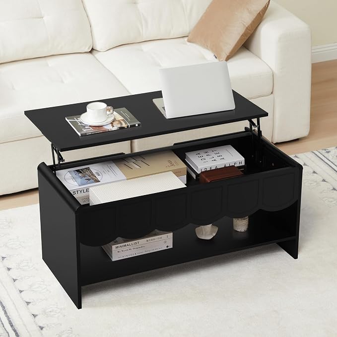 Lift Top Coffee Table with Hidden Compartment, 2 Tier Wooden Center Table with - Image 8