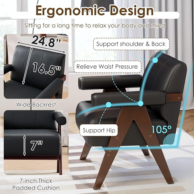STHOUYN Black Leather Accent Chairs Set of 2, Mid Century Modern Accent Chair - Image 6