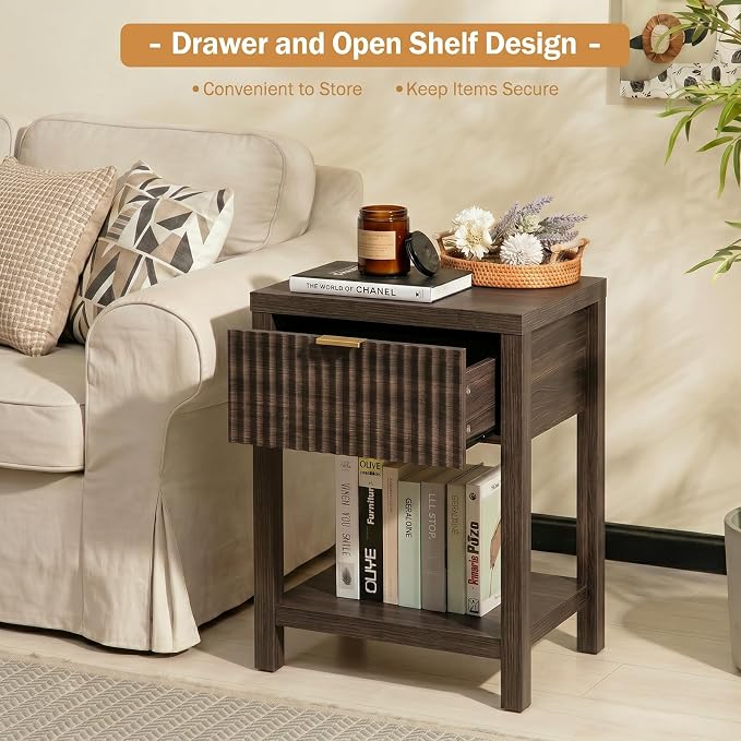 Fluted Night Stand with Golden Handle, Bedside Table with Storage Shelf - Image 6