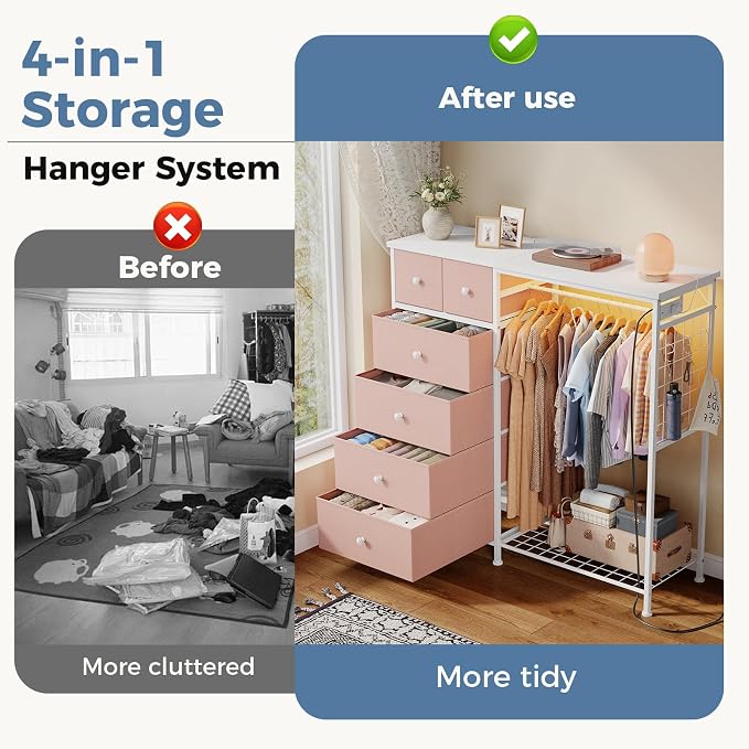 DUMOS Dresser for Bedroom with Hanging Rack, 6 Drawer Fabric Dresser with - Image 4