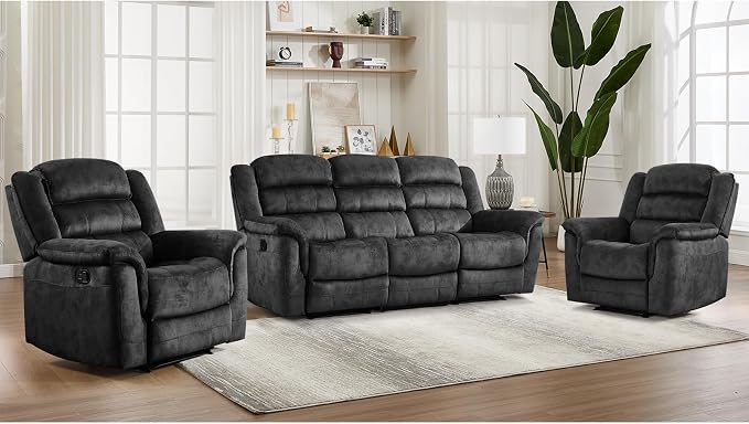 EBELLO 3 Pieces Reclining Living Room Set, Soft Fabric Manual Recliner Sofa - Image 7