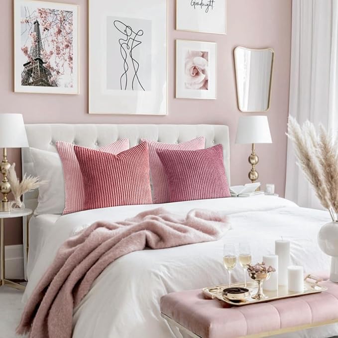 Topfinel Pink Throw Pillows Covers 18x18 Inch Set of 4, Farmhouse Corduroy - Image 6