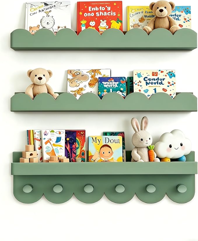 Nursery Book Shelves with Hooks, Scalloped Shelves by icnjdMopclean