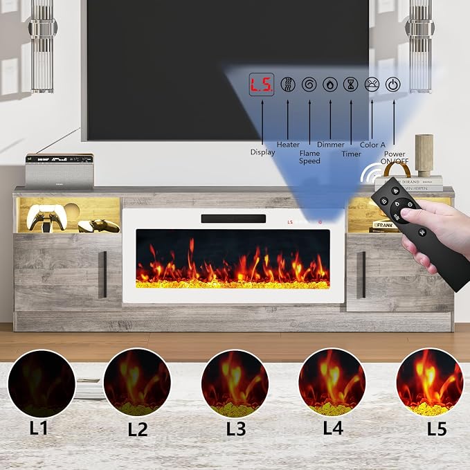 PRETZI Fireplace TV Stand with 36" Fireplace Up to 80" TVs, Remote Control - Image 3
