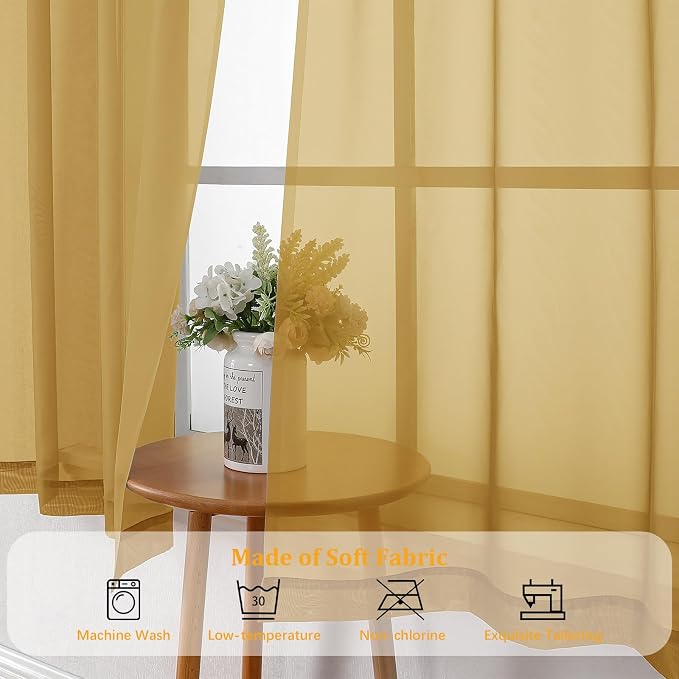 Gwine Gold Sheer Curtains 90 Inches Long 2 Panels Set, Light Filtering Solid - Image 7