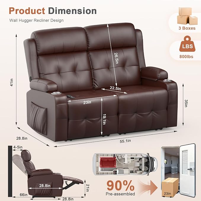 RV Loveseat Recliner Sofa, Wall Hugger Massage Reclining RV Couch - Image 2
