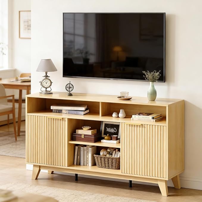 VINGLI Boho Fluted TV Stand for 70 Inch TV, Tall Wooden TV Console - Image 2