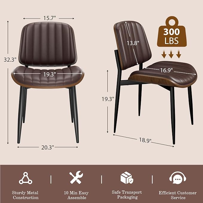 REONEY Dining Chairs Set of 4, Mid-Century Modern Upholstered PU Leather Chairs - Image 2