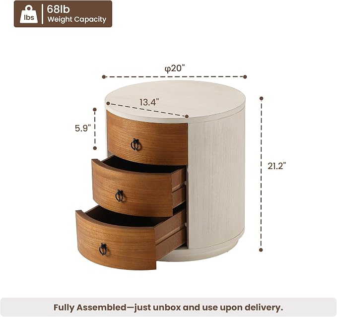 HOMPUS Fully Assembled Round Nightstand, 3 Drawer Chest of Drawers, Wood Rustic - Image 2