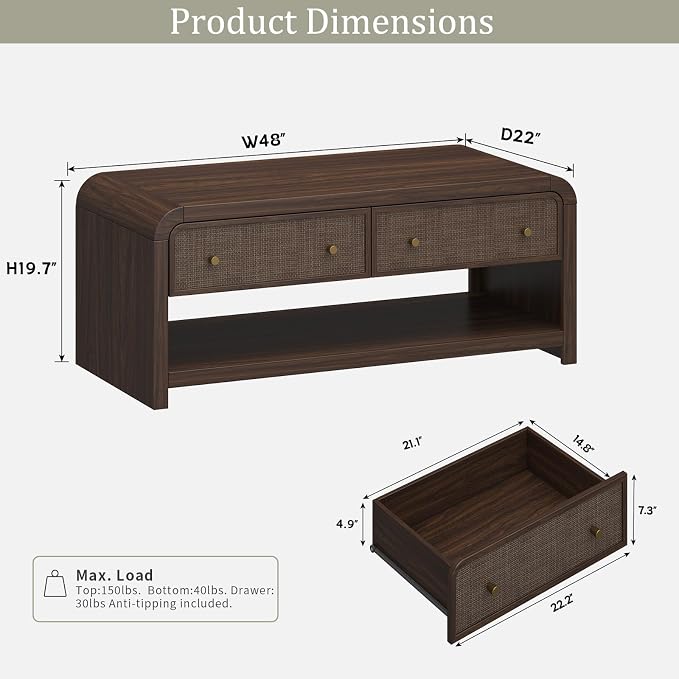 Oak&Sparrow 48'' Boho Coffee Table, Thickened Arc-Shaped Design - Image 3