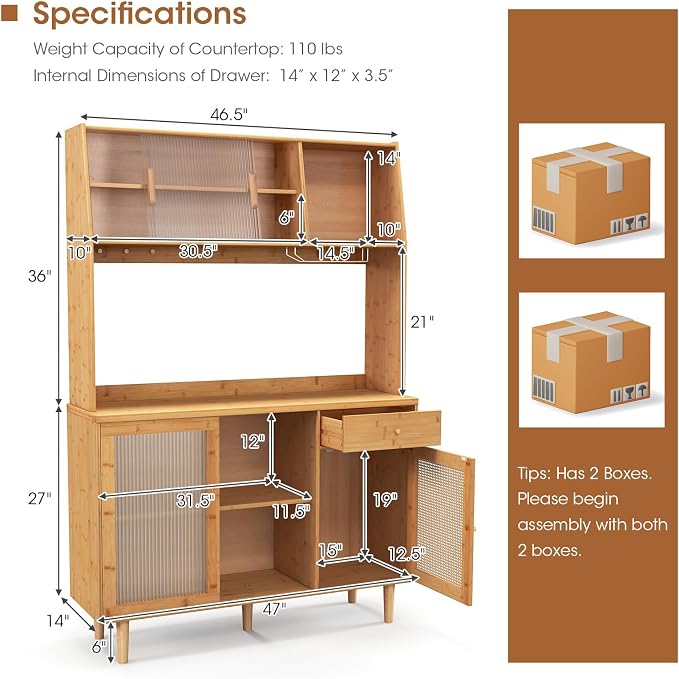 Giantex Pantry Cabinet, Microwave Countertop, Glass Holder, Freestanding Buffet - Image 3