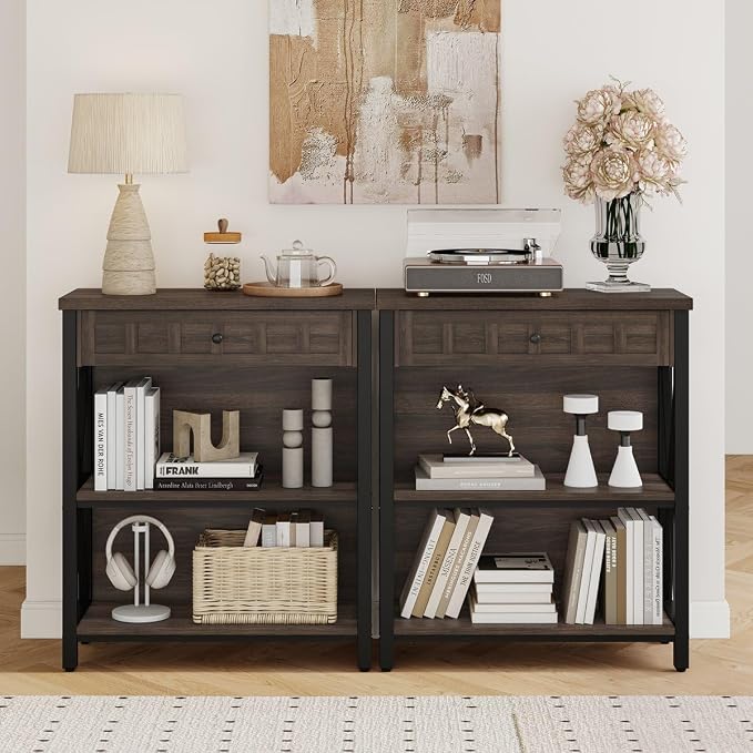 FATORRI Small Bookcase with Drawer, Industrial 3 Shelf Bookshelf, Wood and - Image 3