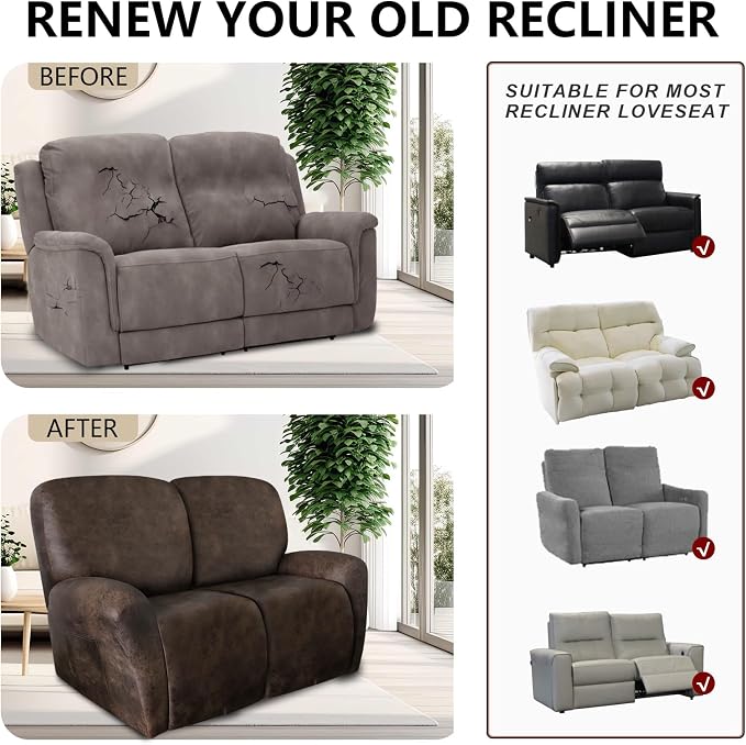 ANARACHON Leather Look Loveseat Recliner Covers Stay in Place 6-Piece Recliner - Image 6