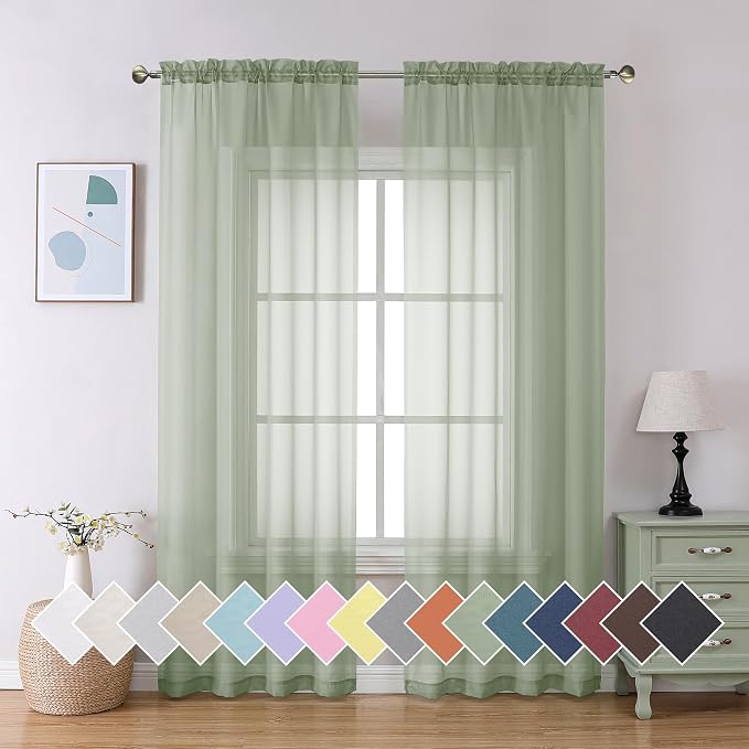 Aiyufeng Sage Green Sheer Curtains 90 Inch Length 2 PCS, Rod Pocket Voile Drapes by Aiyufeng