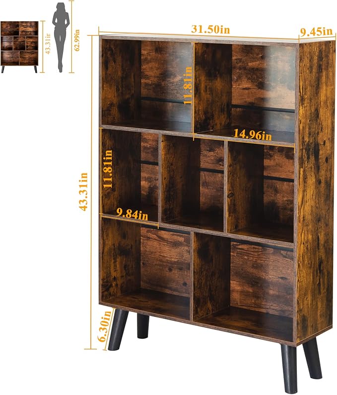 LEYAOYAO Cube Bookshelf 3 Tier Mid-Century Rustic Brown Modern Bookcase - Image 2