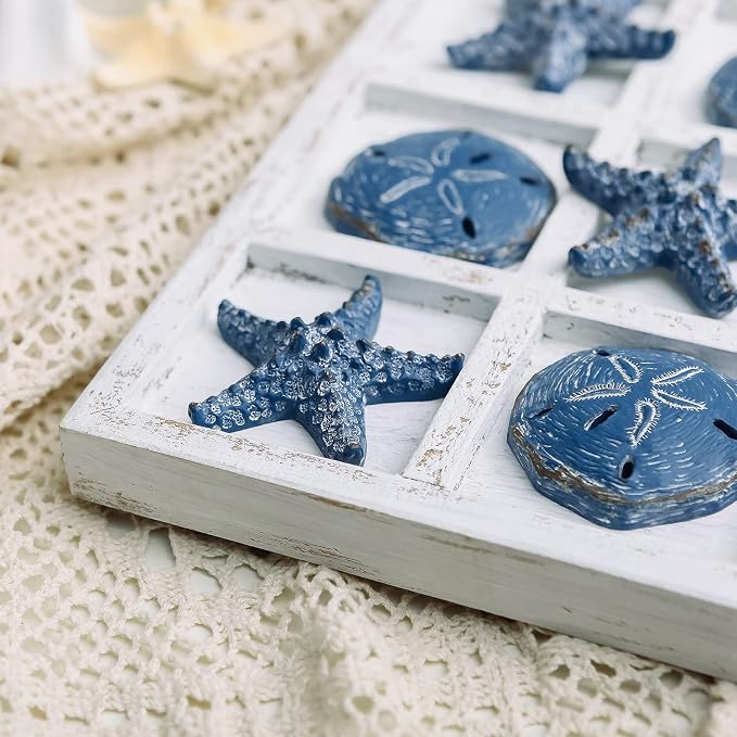 NIKKY HOME Beach Decor Tic Tac Toe 5 Sand Dollars & 5 Starfish Pieces Wood - Image 4