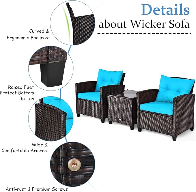 COSTWAY 3PCS Patio Furniture Set, PE Rattan Wicker Sofa w/Washable Cushion and - Image 7