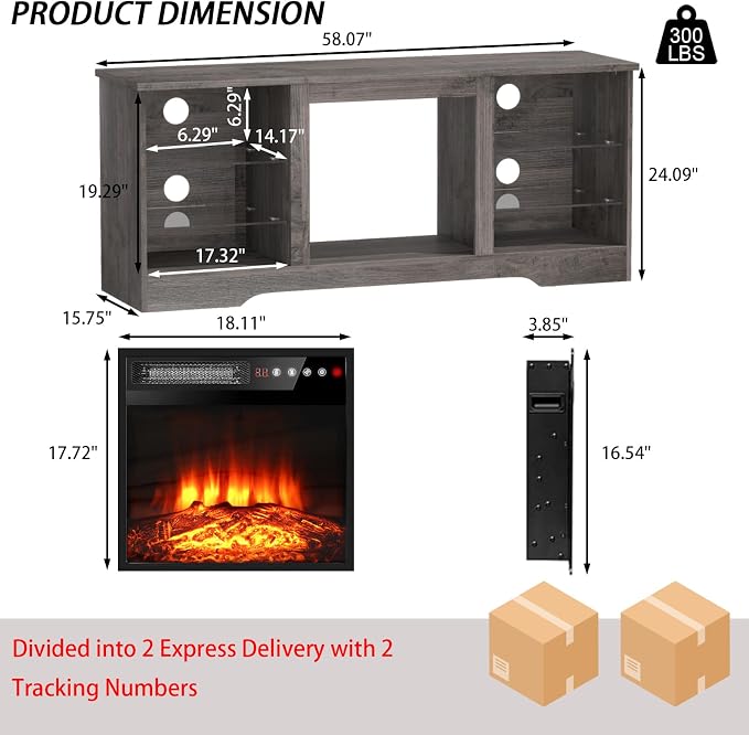 PRETZI Fireplace TV Stand with 18" Fireplace Up to 65" TVs, TV Media Console - Image 6