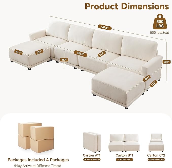 143.8" Modular Sectional Sofa Modern Chenille U Shaped Couch - Image 2