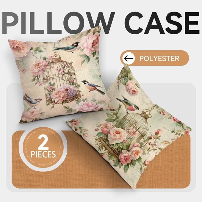 OBSEDE Vintage Throw Pillow Covers Set of 2, 18x18 Inch Pink Rose and Bird Print - Image 5