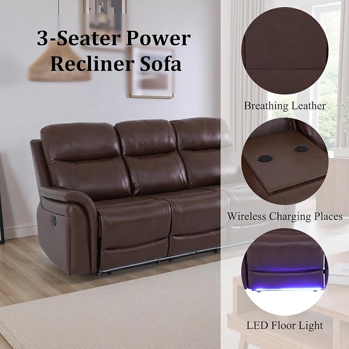 Breathable Leather Power Recliner Sofa Set, 3 Piece Living Room Furniture Set - Image 3