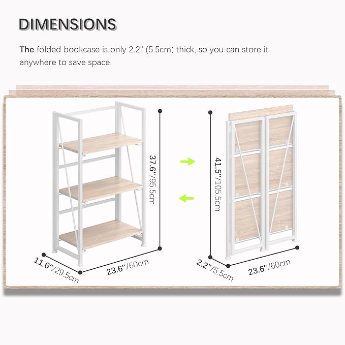 4NM No Assembly Folding Bookshelf Storage Shelves 3 Tiers Vintage Bookcase - Image 2