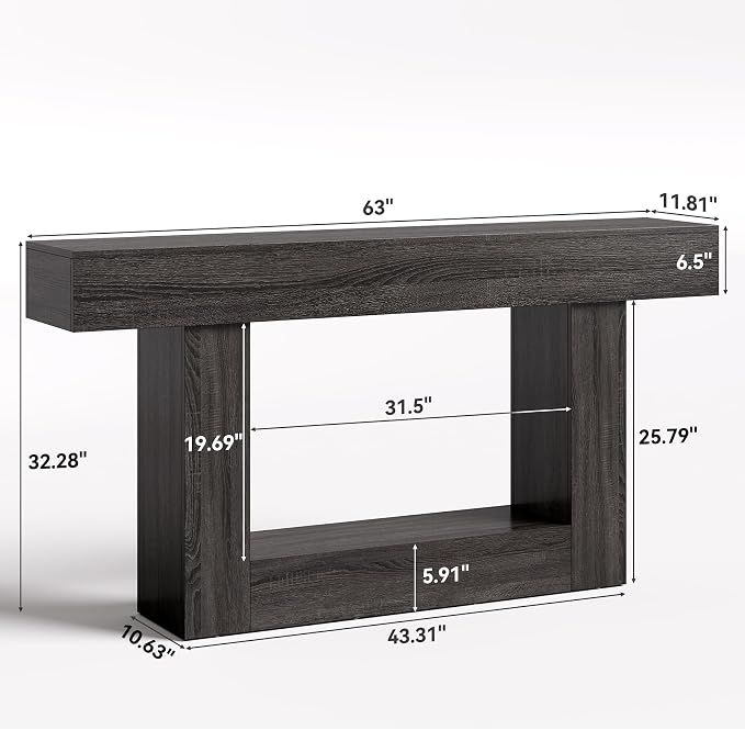 LITTLE TREE 63 Inches Long Console Table, 2-Tier Farmhouse Sofa Table Behind - Image 2