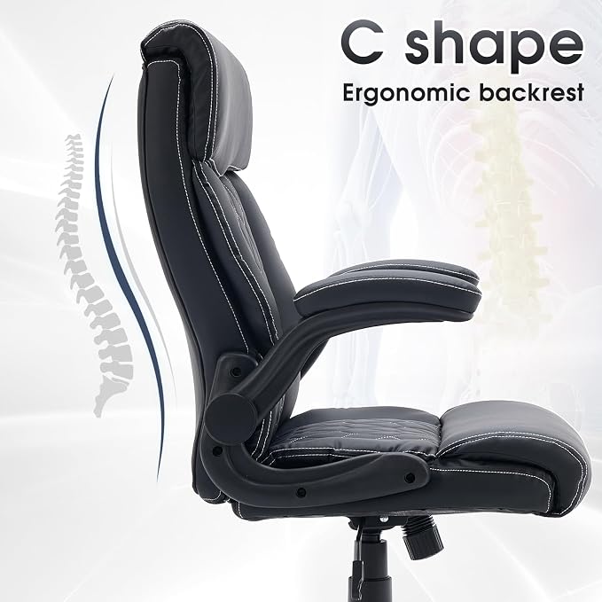 High Back Office Chair with Flip-up Armrests, Leather Comfy Desk Chair with - Image 5